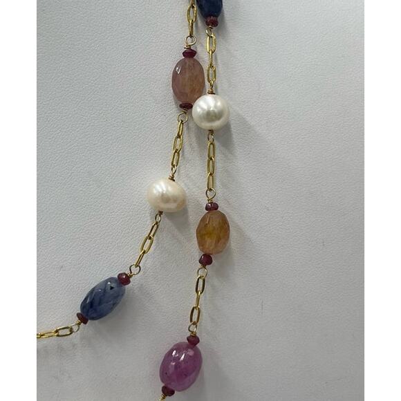V Quartz Topaz Sapphire Citrine Freshwater Pearl Gold Vermeil Layer Necklace - Picture 2 of 15